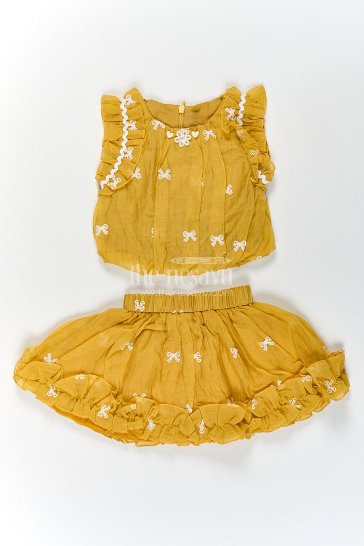 Baby Girls Mustard Embroidered Dress with Thread Work and Ruffled Sleeves for Everyday Comfort