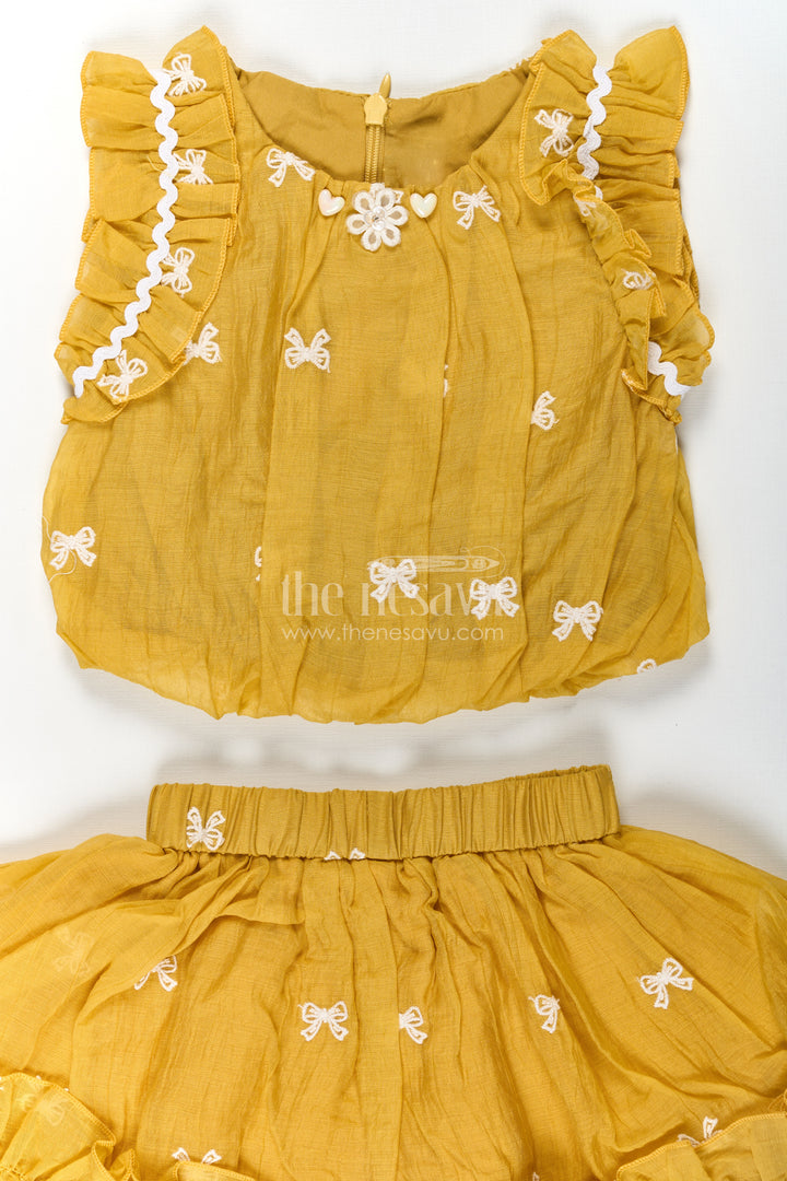 Baby Girls Mustard Embroidered Dress with Thread Work and Ruffled Sleeves for Everyday Comfort