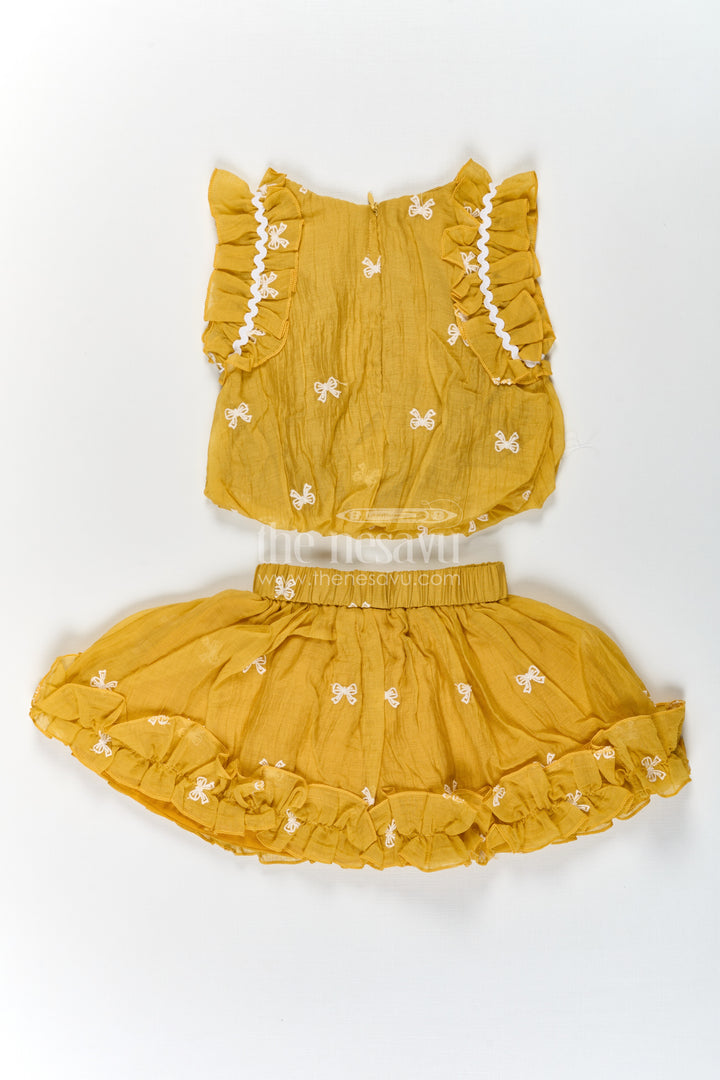 Baby Girls Mustard Embroidered Dress with Thread Work and Ruffled Sleeves for Everyday Comfort