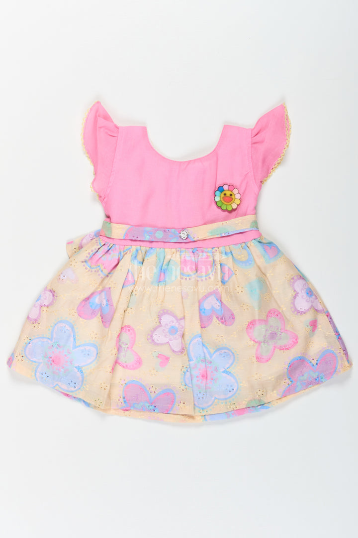 Girls Emoji Dress in Cotton with Pink Bodice and Yellow Hakoba Embroidered Printed Skirt