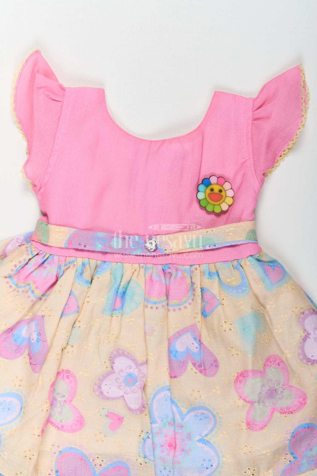 Girls Emoji Dress in Cotton with Pink Bodice and Yellow Hakoba Embroidered Printed Skirt