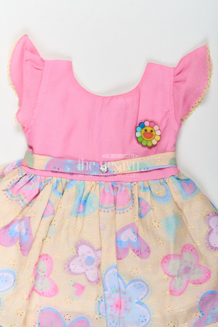 Girls Emoji Dress in Cotton with Pink Bodice and Yellow Hakoba Embroidered Printed Skirt