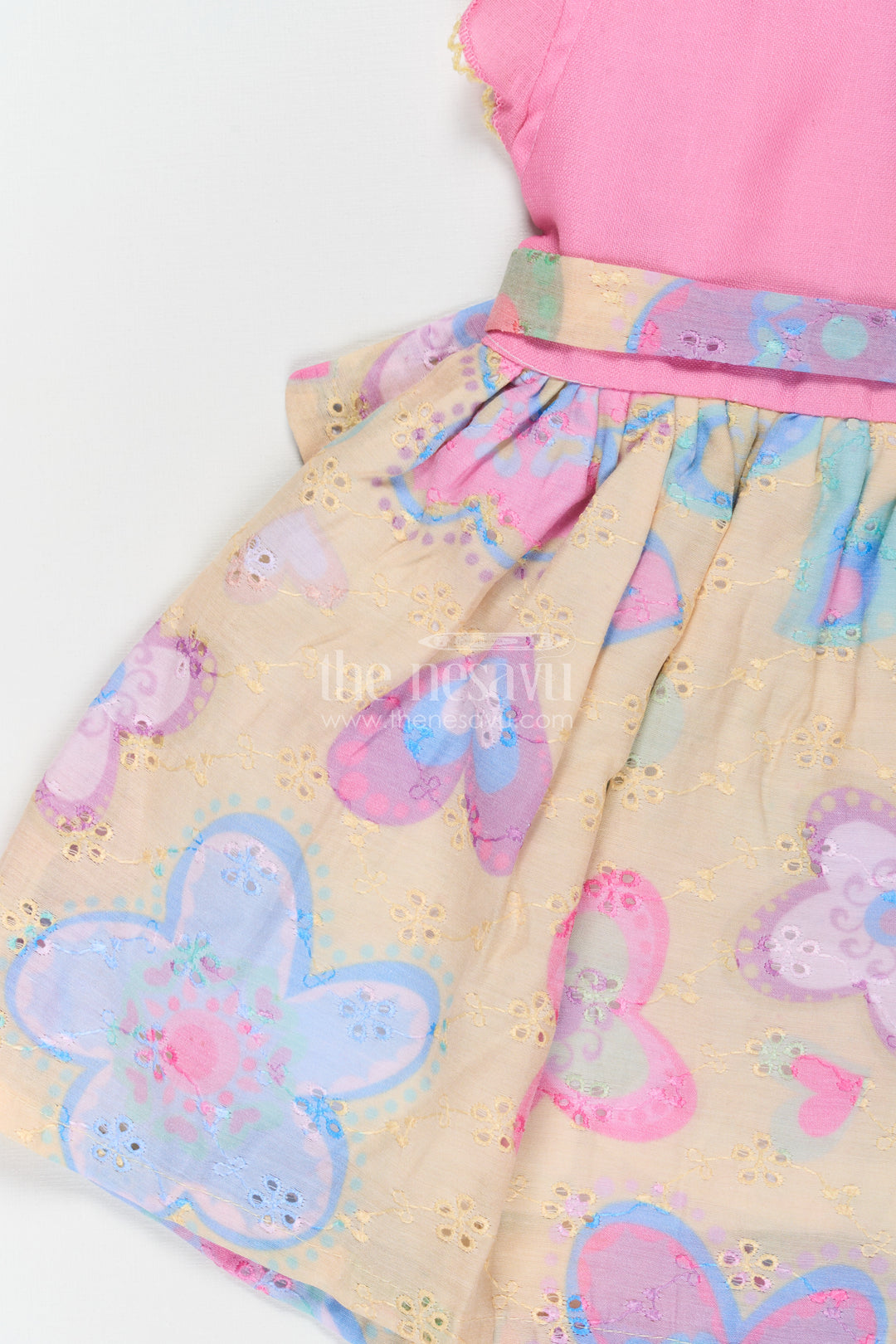 Girls Emoji Dress in Cotton with Pink Bodice and Yellow Hakoba Embroidered Printed Skirt