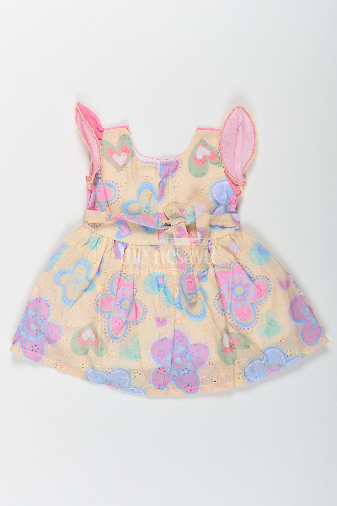 Girls Emoji Dress in Cotton with Pink Bodice and Yellow Hakoba Embroidered Printed Skirt