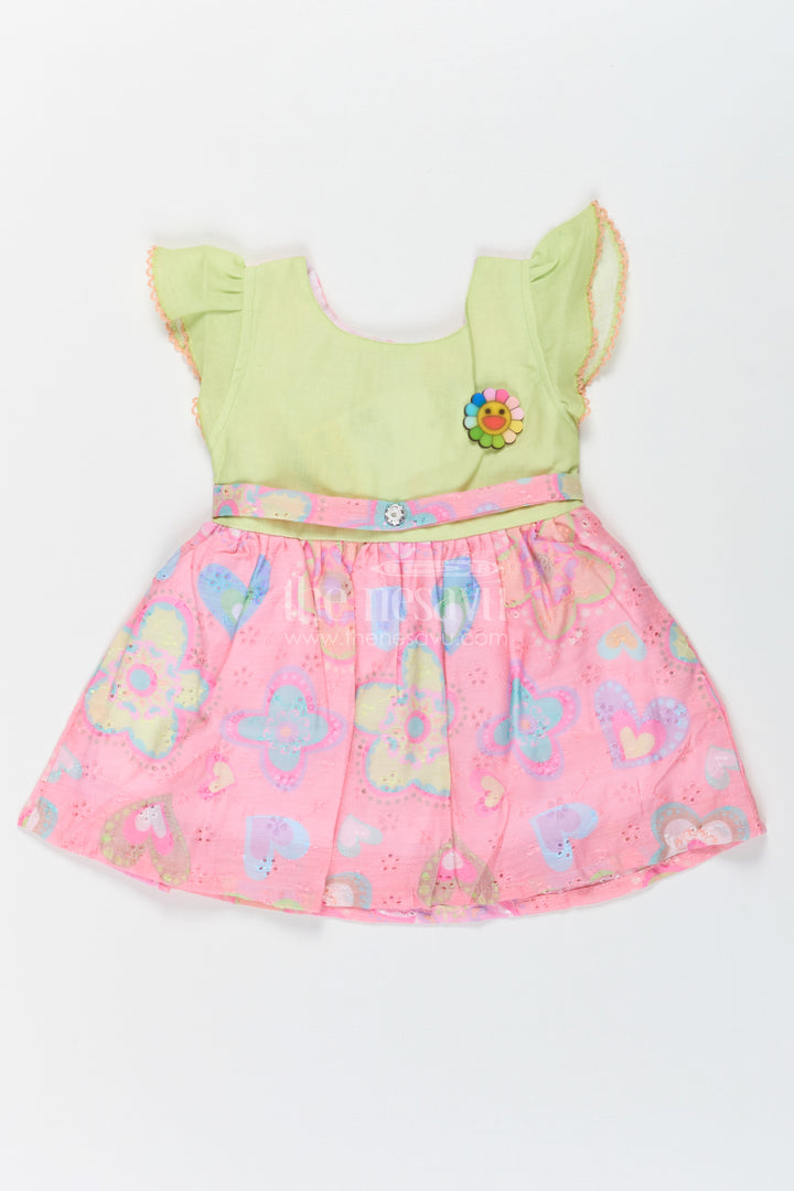 Girls Yellow Colour Frock Design with Pink Hakoba Embroidered Skirt and Floral Applique