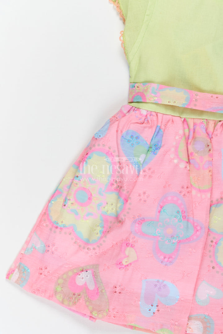 Girls Yellow Colour Frock Design with Pink Hakoba Embroidered Skirt and Floral Applique