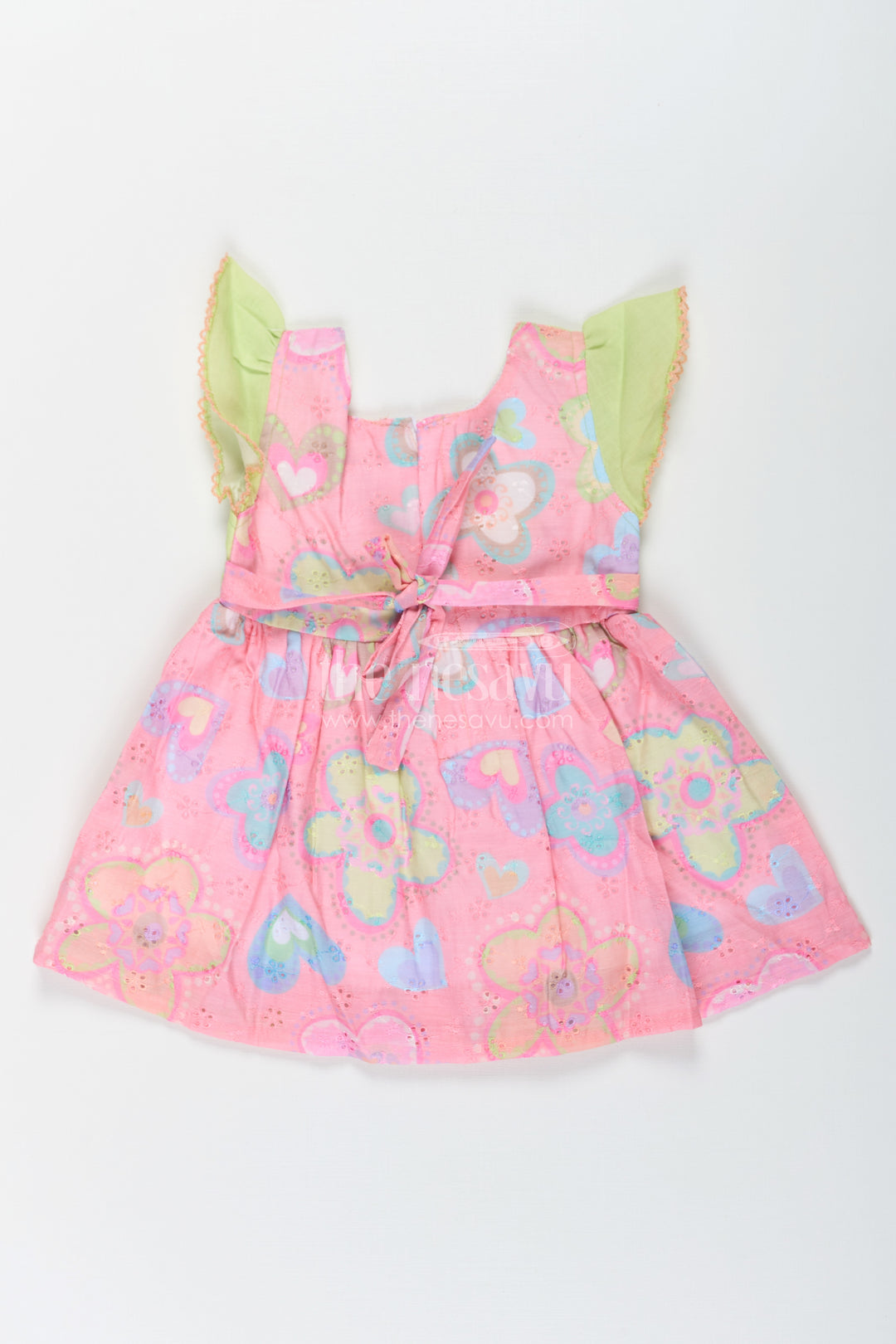 Girls Yellow Colour Frock Design with Pink Hakoba Embroidered Skirt and Floral Applique