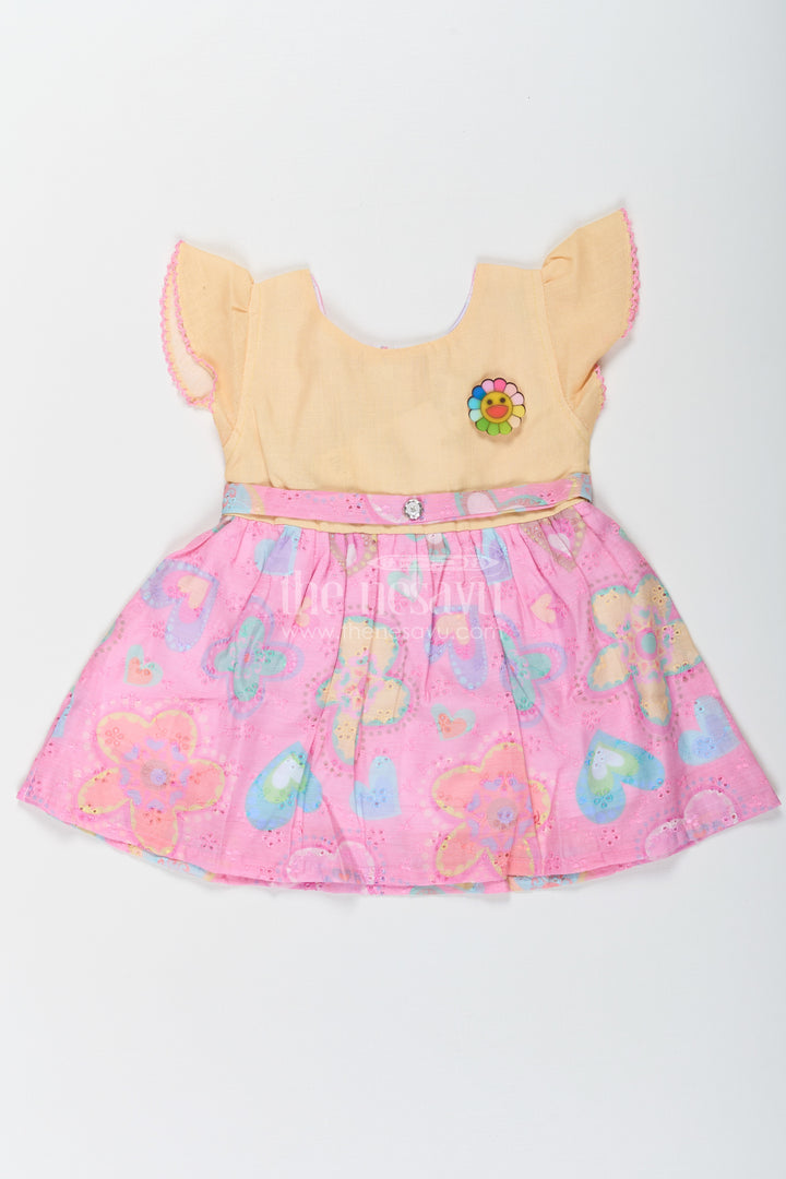 Girls Belt Frock with Green Cotton Bodice and Pink Hakoba Embroidered Heart Print Skirt