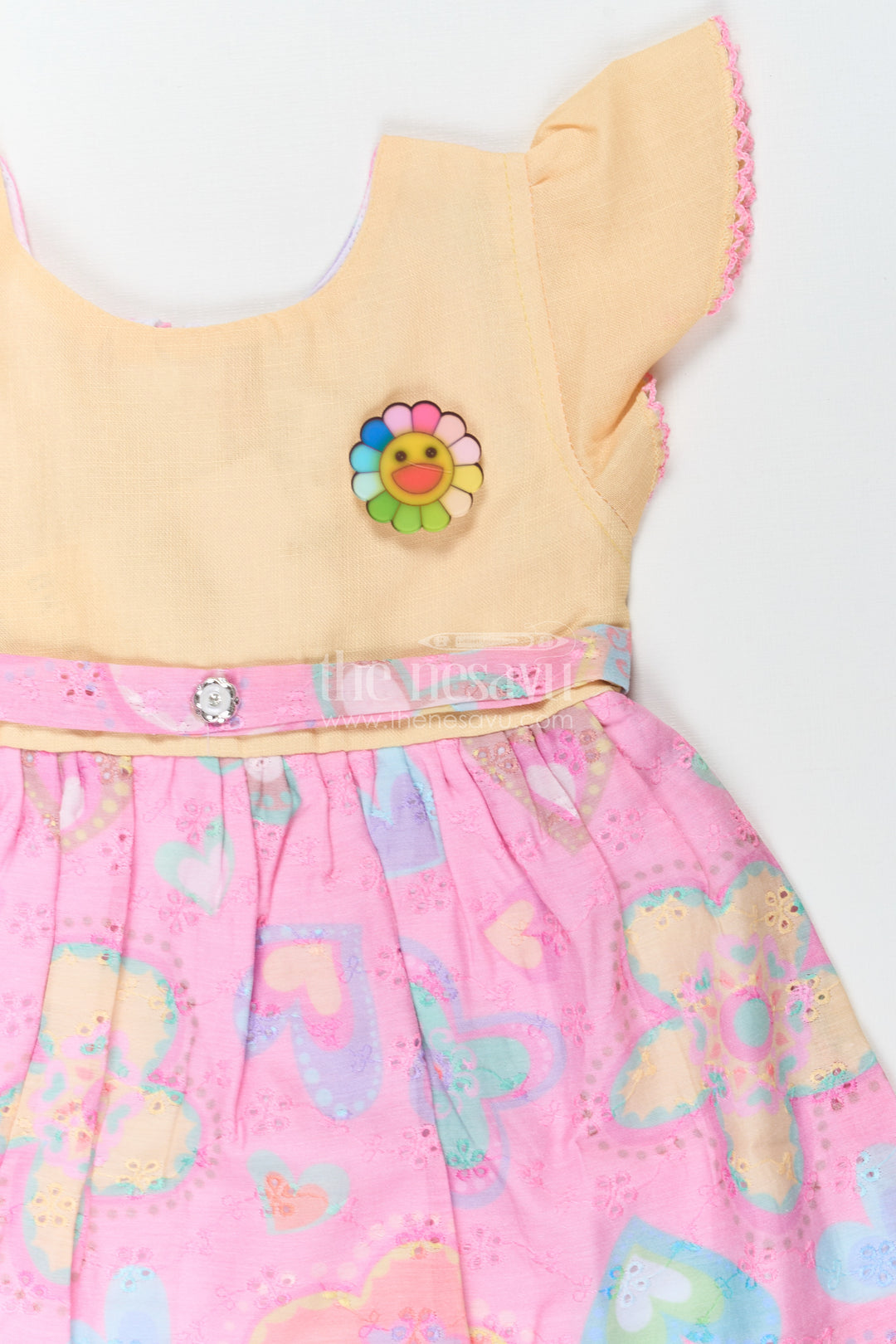 Girls Belt Frock with Green Cotton Bodice and Pink Hakoba Embroidered Heart Print Skirt