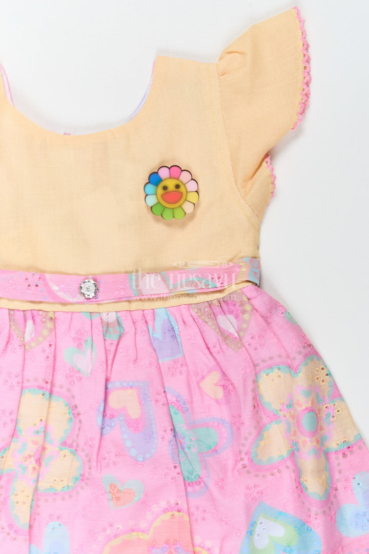 Girls Belt Frock with Green Cotton Bodice and Pink Hakoba Embroidered Heart Print Skirt