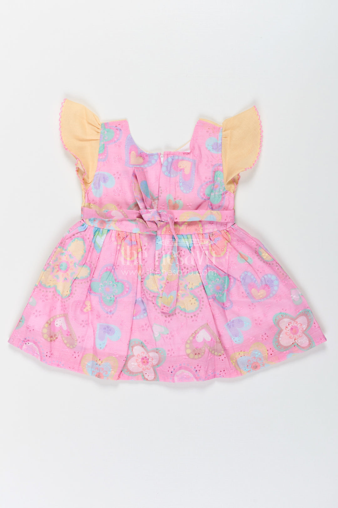 Girls Belt Frock with Green Cotton Bodice and Pink Hakoba Embroidered Heart Print Skirt