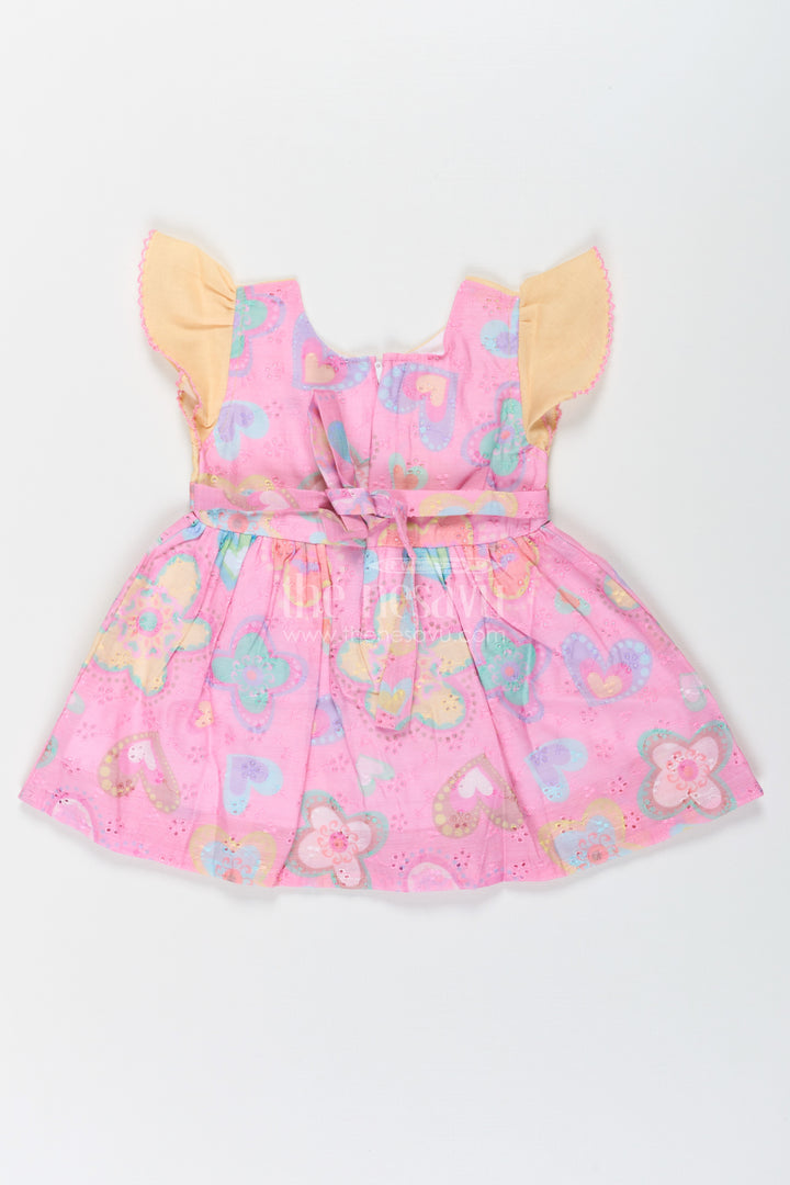 Girls Belt Frock with Green Cotton Bodice and Pink Hakoba Embroidered Heart Print Skirt