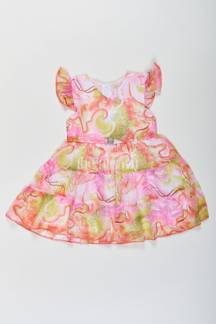 Girls Designer Frock Cotton with Multicolor Digital Print and Flutter Sleeves in Georgette Fabric