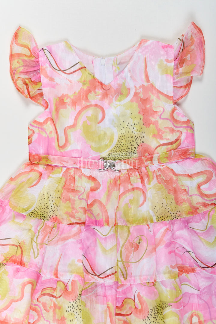 Girls Designer Frock Cotton with Multicolor Digital Print and Flutter Sleeves in Georgette Fabric