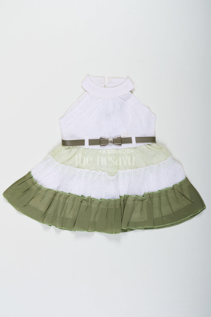 Girls Double Colour Long Frock Design in White and Olive Green Georgette with Glitter Embellishment