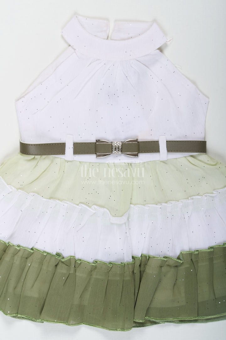 Girls Double Colour Long Frock Design in White and Olive Green Georgette with Glitter Embellishment