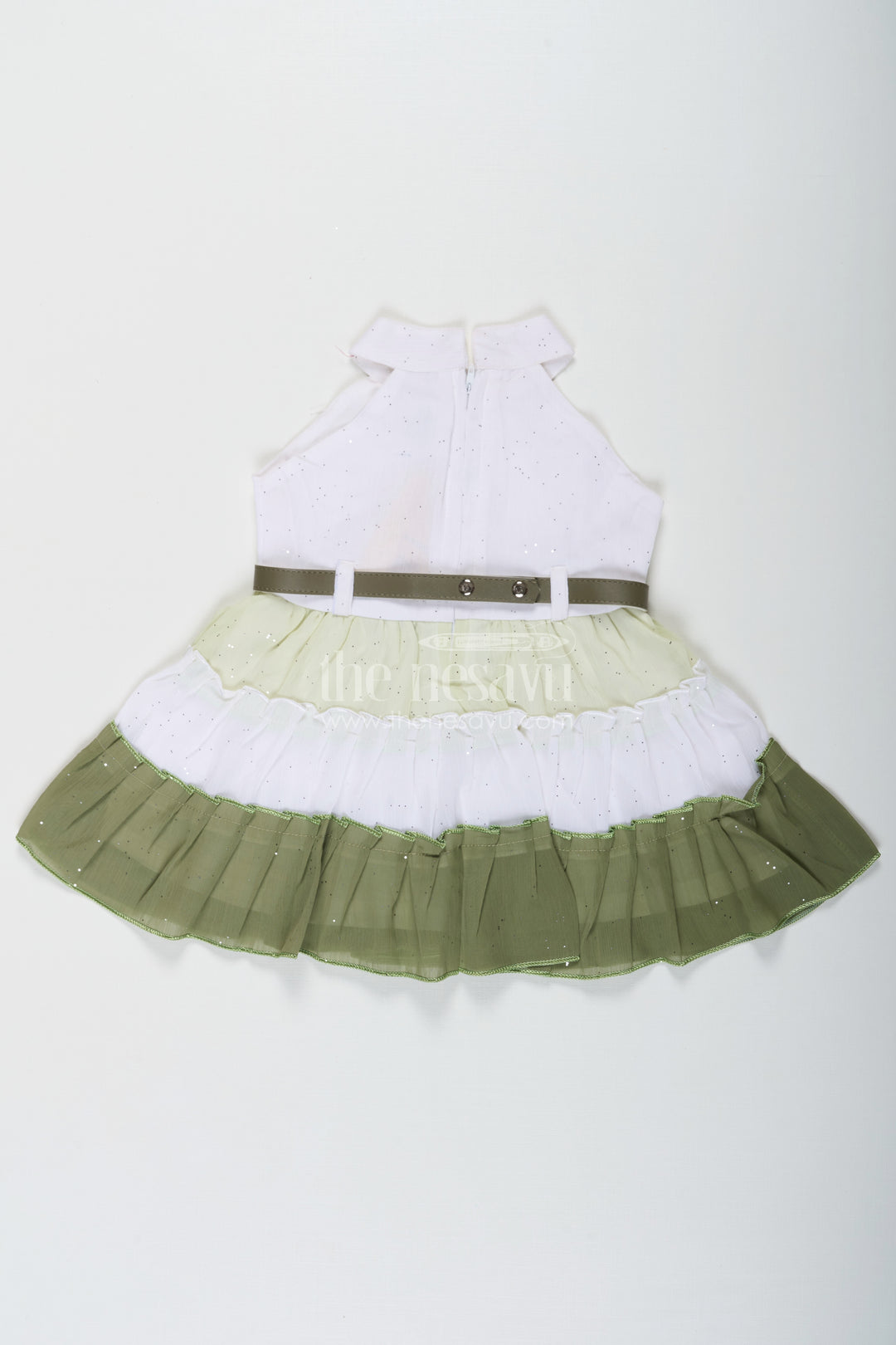 Girls Double Colour Long Frock Design in White and Olive Green Georgette with Glitter Embellishment