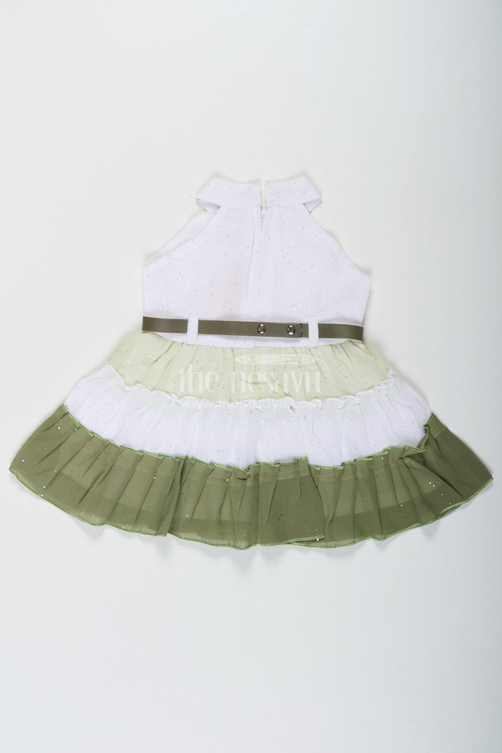 Girls Double Colour Long Frock Design in White and Olive Green Georgette with Glitter Embellishment