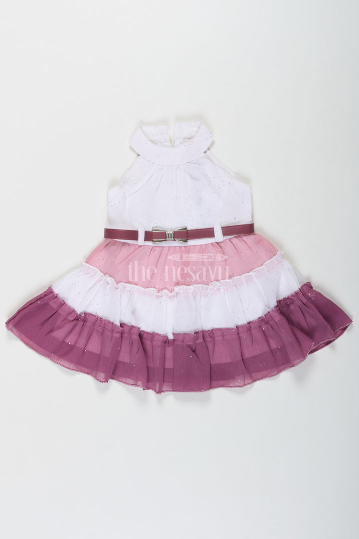 Girls Purple Colour Frock Design in Tiered Glitter Georgette with White and Lavender Ombre Layers