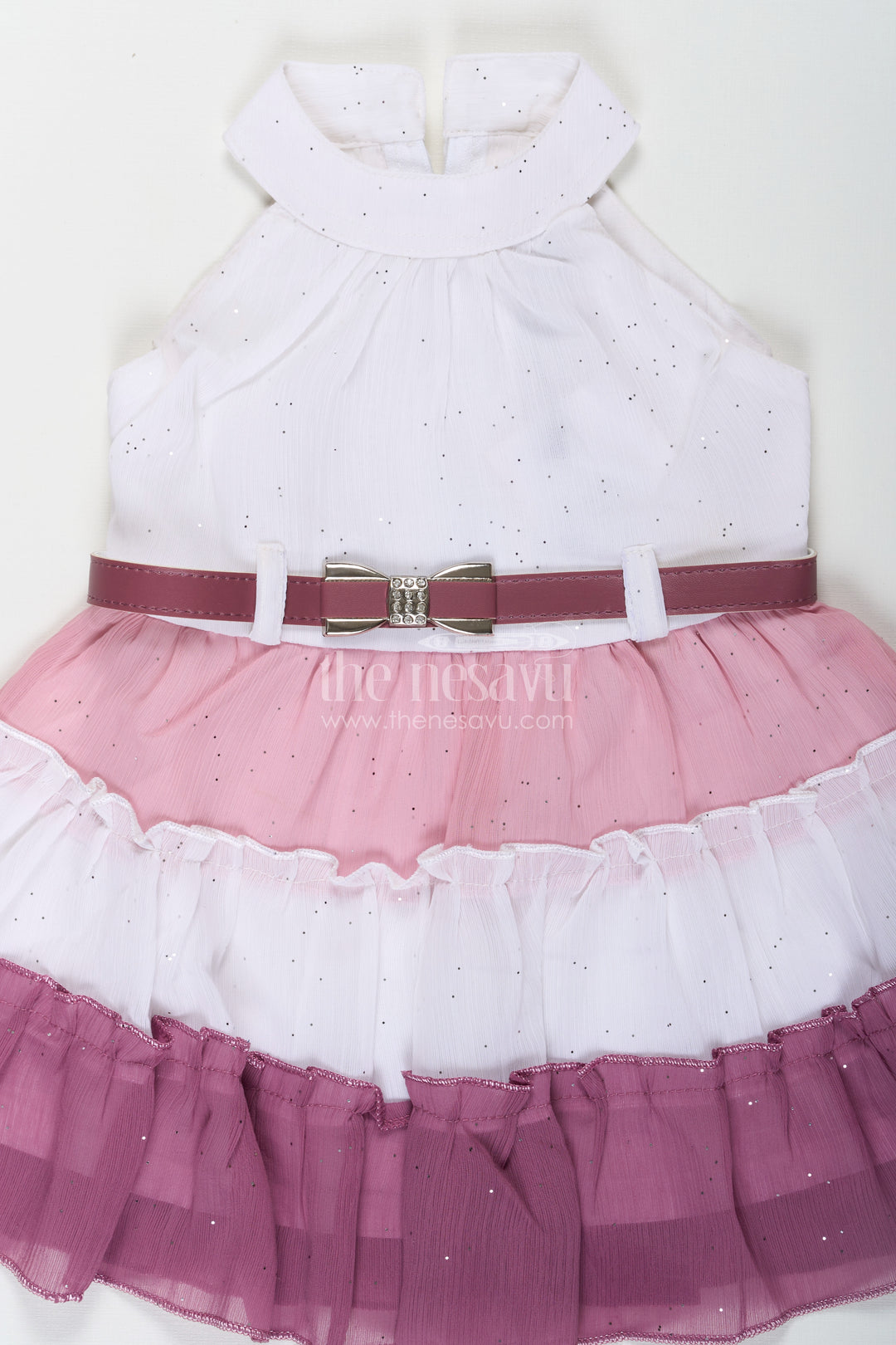 Girls Purple Colour Frock Design in Tiered Glitter Georgette with White and Lavender Ombre Layers