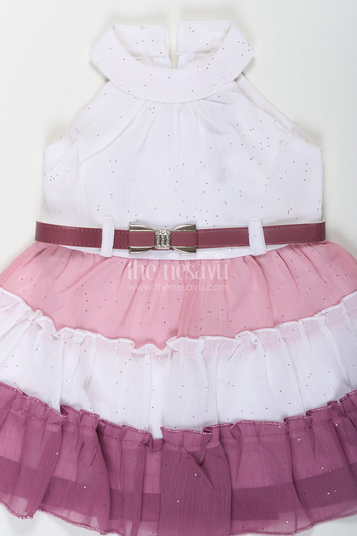 Girls Purple Colour Frock Design in Tiered Glitter Georgette with White and Lavender Ombre Layers