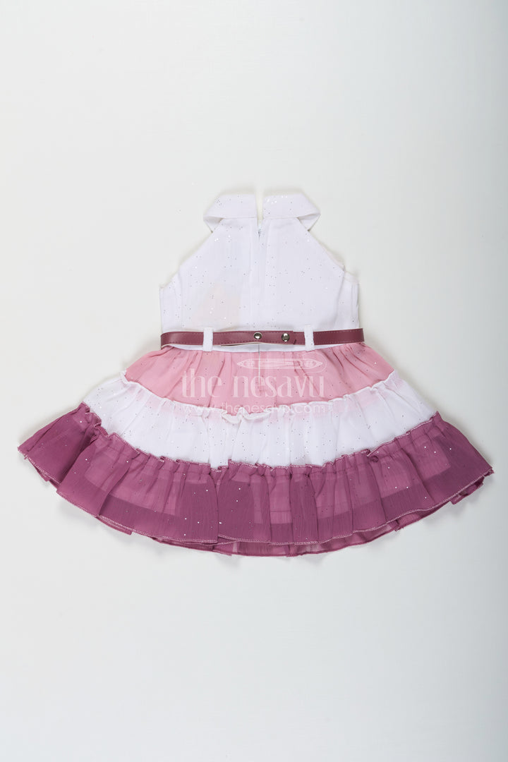 Girls Purple Colour Frock Design in Tiered Glitter Georgette with White and Lavender Ombre Layers