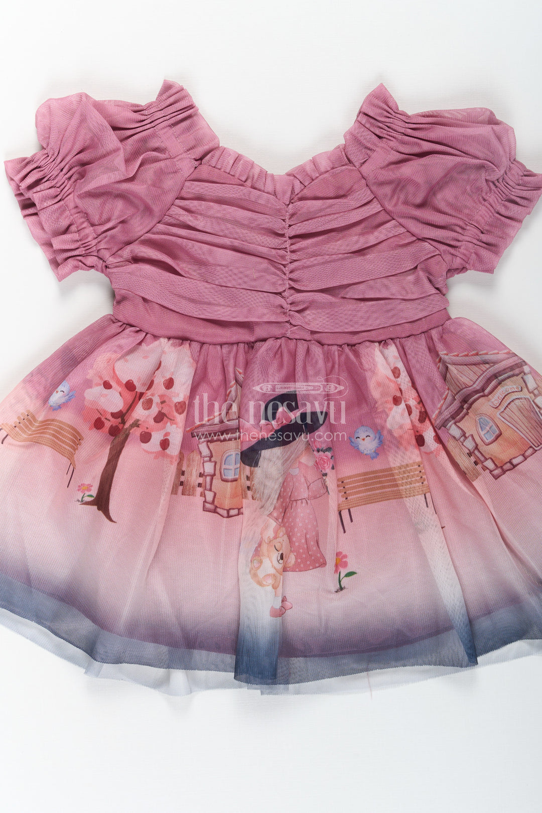 Fancy Frock for Baby Girl in Mauve Georgette with Printed Skirt and Gathered Sleeves
