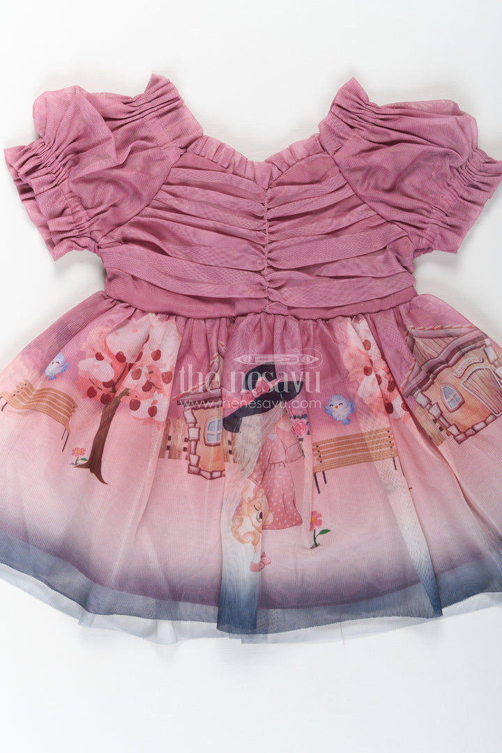 Fancy Frock for Baby Girl in Mauve Georgette with Printed Skirt and Gathered Sleeves