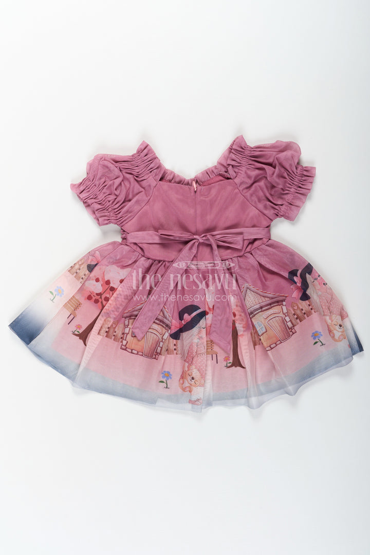 Fancy Frock for Baby Girl in Mauve Georgette with Printed Skirt and Gathered Sleeves