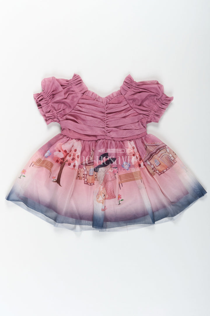 Fancy Frock for Baby Girl in Mauve Georgette with Printed Skirt and Gathered Sleeves