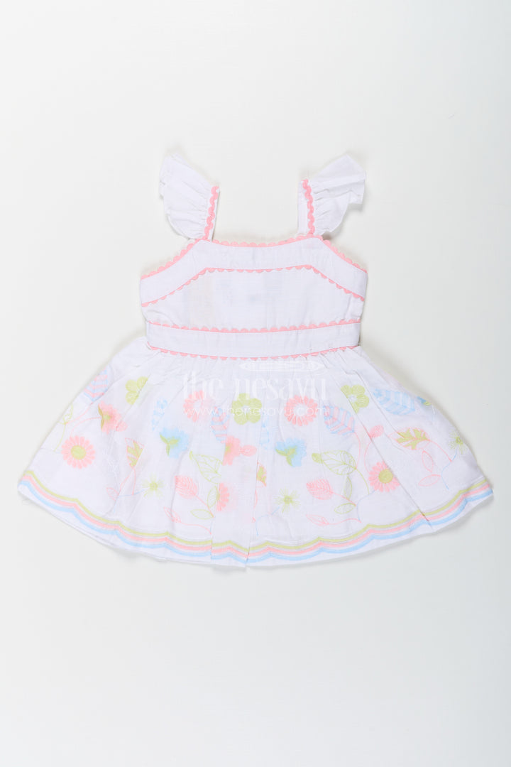 Baby Girls Latest Design Frock in White Cotton with Embroidered Floral Hem