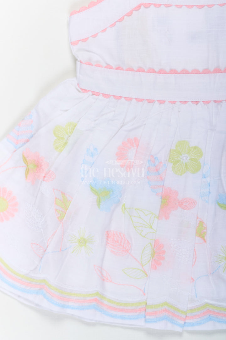 Baby Girls Latest Design Frock in White Cotton with Embroidered Floral Hem