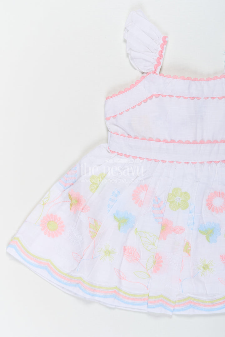 Baby Girls Latest Design Frock in White Cotton with Embroidered Floral Hem