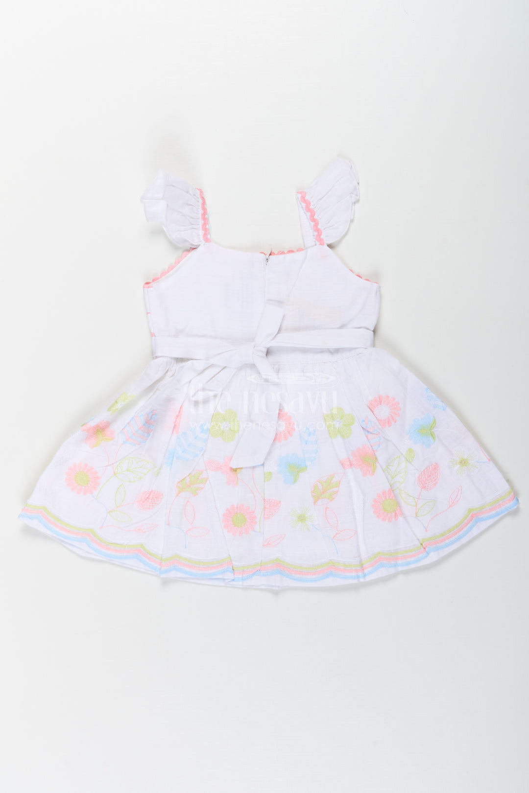 Baby Girls Latest Design Frock in White Cotton with Embroidered Floral Hem