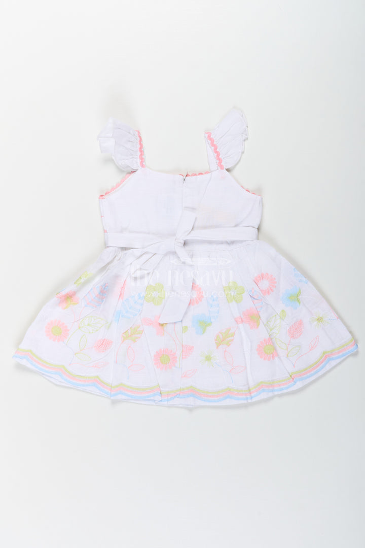 Baby Girls Latest Design Frock in White Cotton with Embroidered Floral Hem
