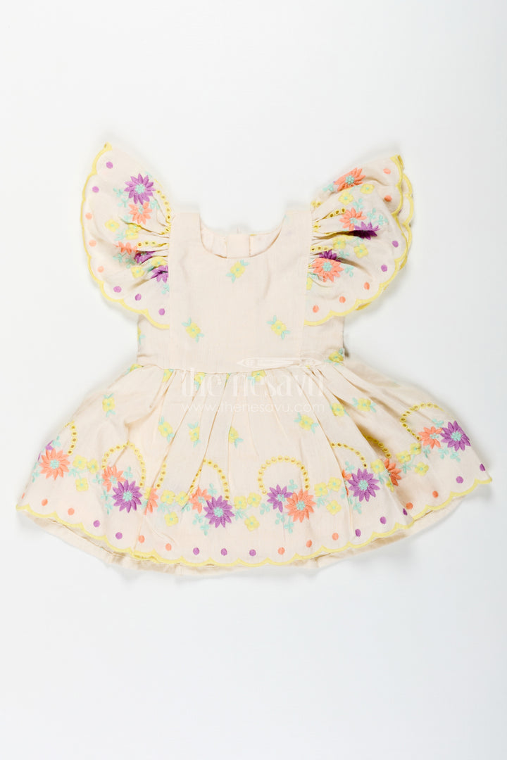 Frock Party Wear for Baby Girls in Cotton with Vibrant Thread Embroidery and Butterfly Sleeves