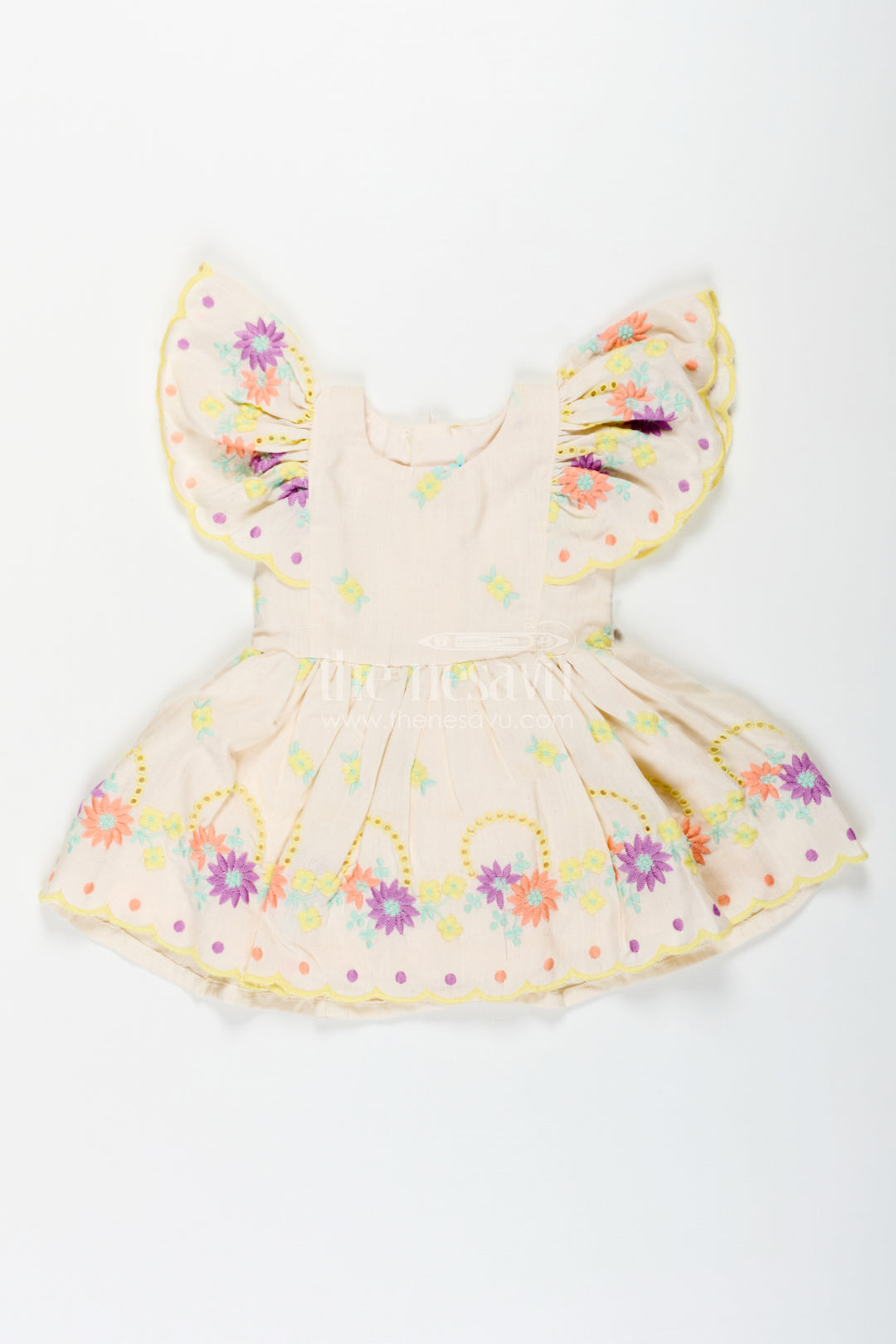 Frock Party Wear for Baby Girls in Cotton with Vibrant Thread Embroidery and Butterfly Sleeves