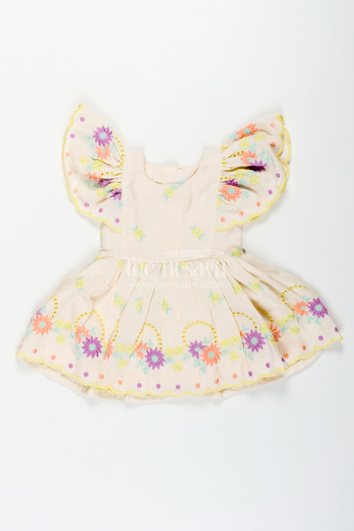 Frock Party Wear for Baby Girls in Cotton with Vibrant Thread Embroidery and Butterfly Sleeves