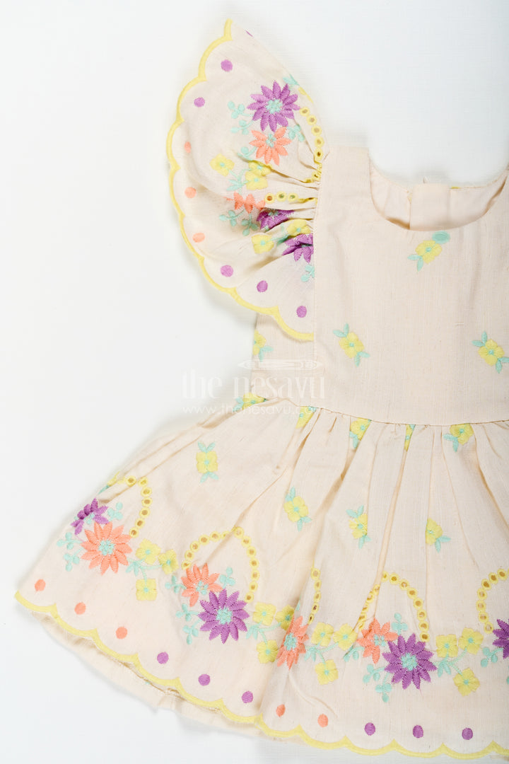 Frock Party Wear for Baby Girls in Cotton with Vibrant Thread Embroidery and Butterfly Sleeves