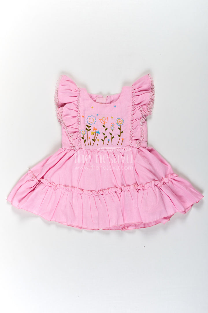 Cotton Frock Baby in Light Pink with Floral Thread Embroidery and Ruffled Sleeves