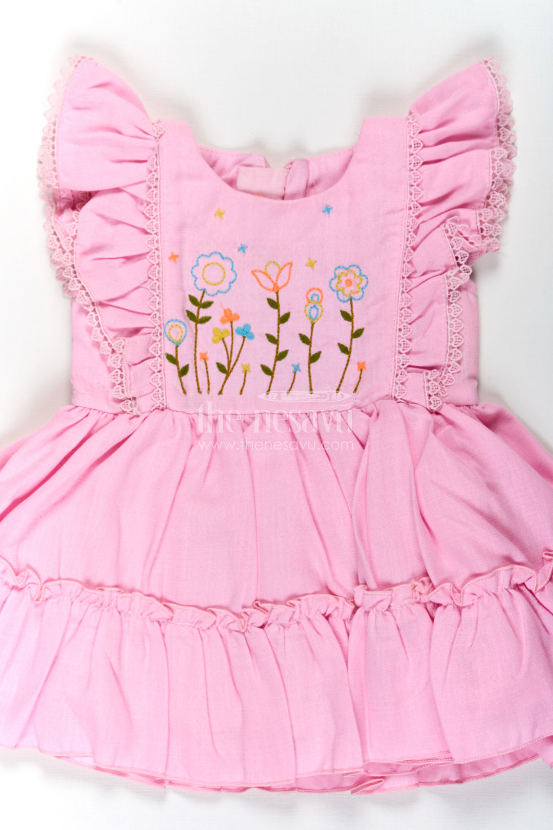 Cotton Frock Baby in Light Pink with Floral Thread Embroidery and Ruffled Sleeves
