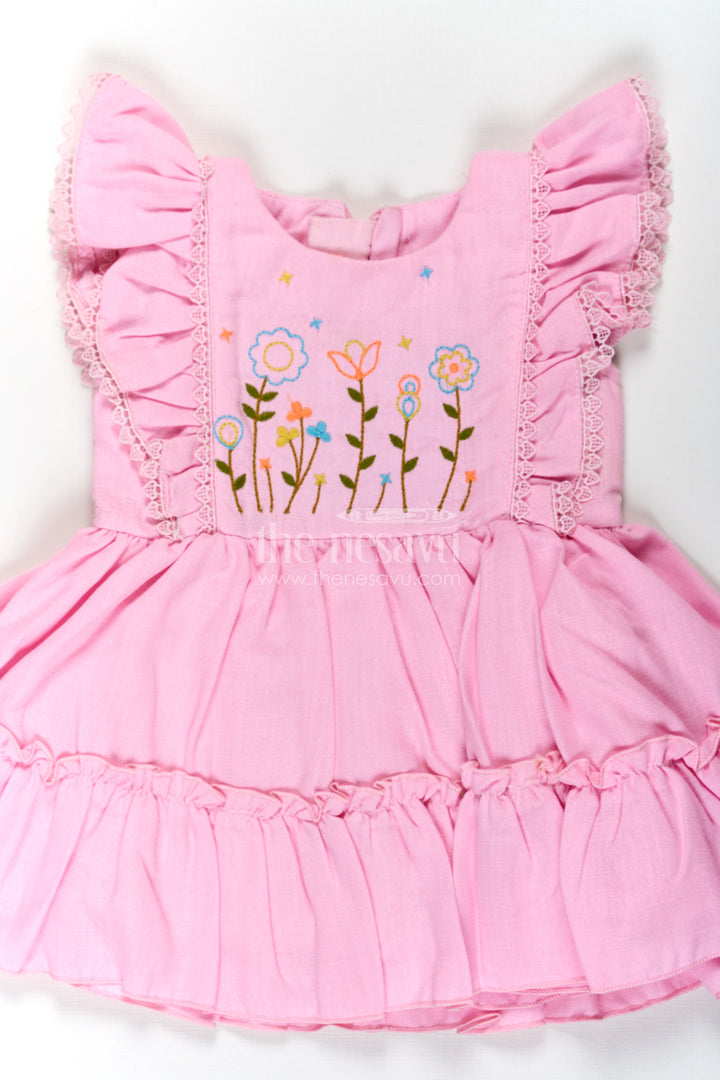 Cotton Frock Baby in Light Pink with Floral Thread Embroidery and Ruffled Sleeves
