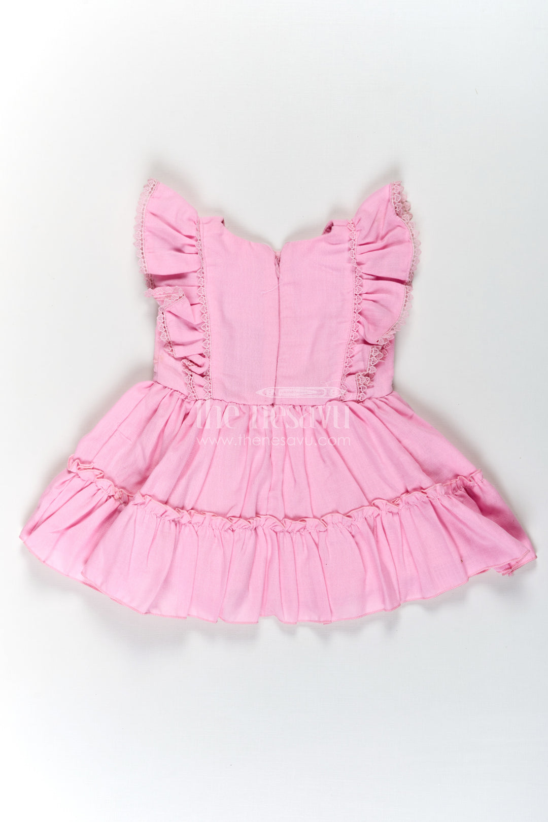 Cotton Frock Baby in Light Pink with Floral Thread Embroidery and Ruffled Sleeves