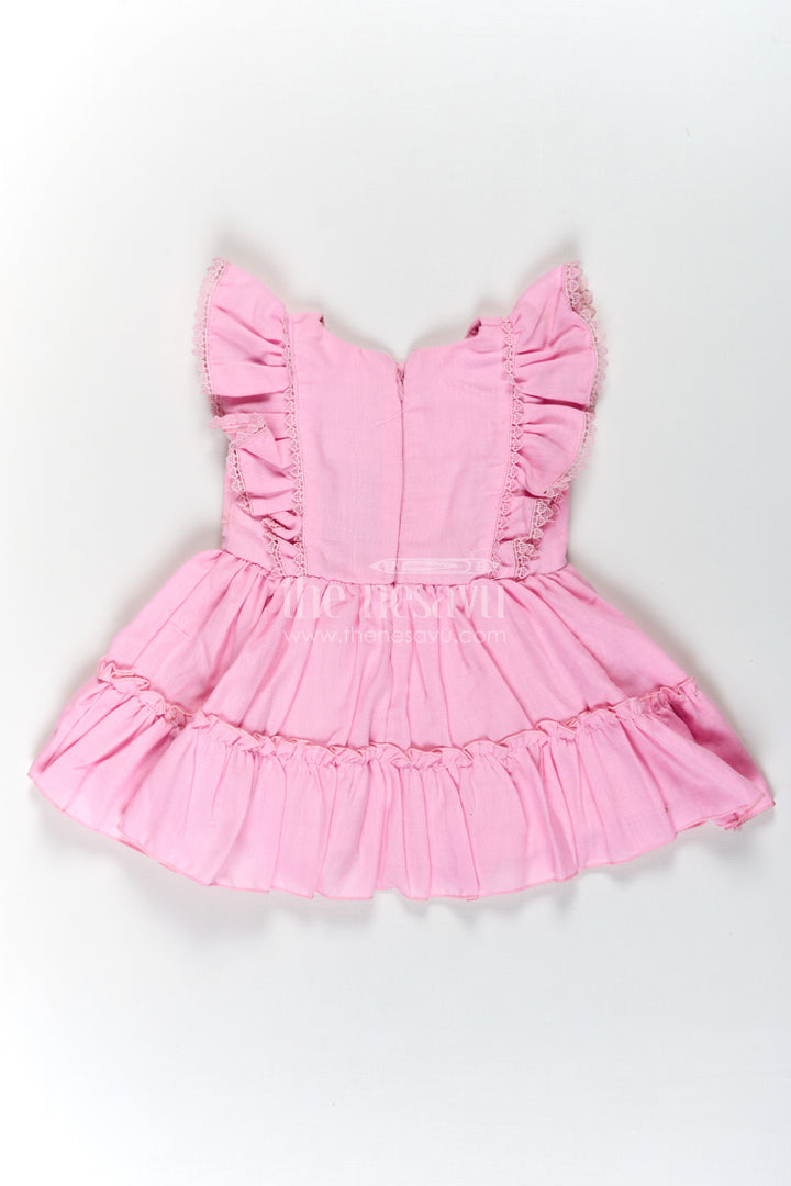Cotton Frock Baby in Light Pink with Floral Thread Embroidery and Ruffled Sleeves