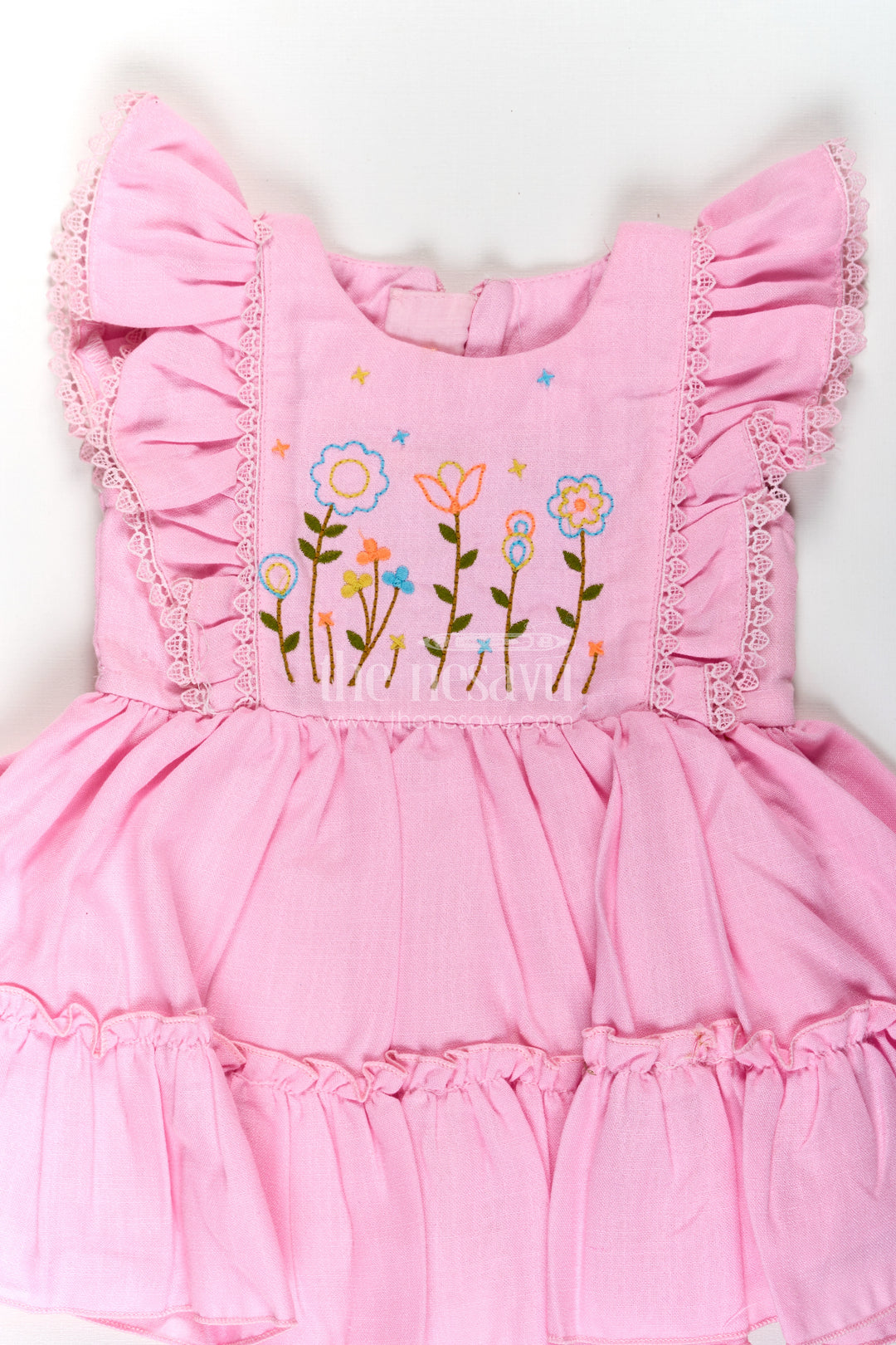 Cotton Frock Baby in Light Pink with Floral Thread Embroidery and Ruffled Sleeves