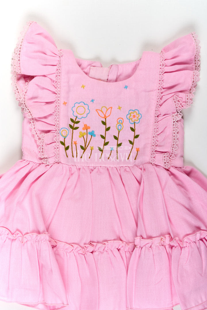 Cotton Frock Baby in Light Pink with Floral Thread Embroidery and Ruffled Sleeves