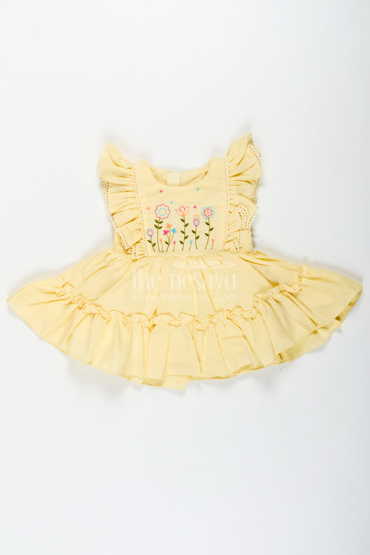 Yellow Frock for Baby Girl with Colorful Floral Embroidery and Ruffled Sleeves in Soft Cotton