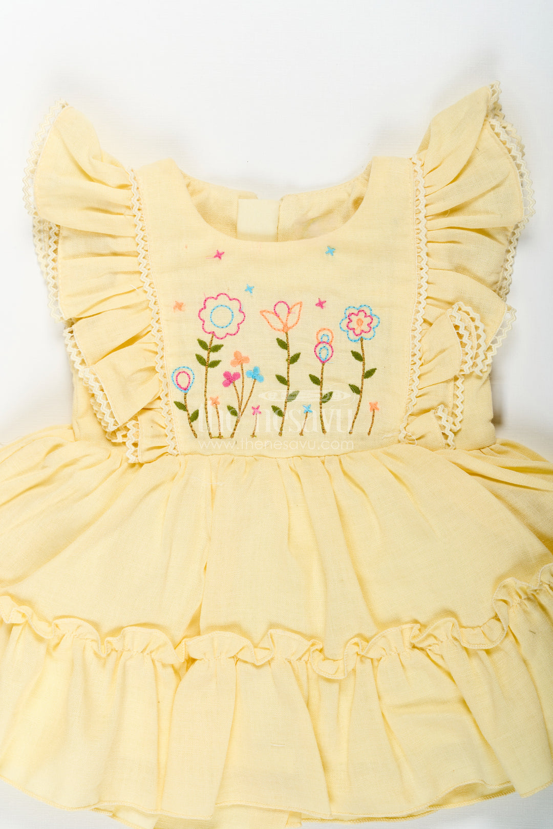 Yellow Frock for Baby Girl with Colorful Floral Embroidery and Ruffled Sleeves in Soft Cotton