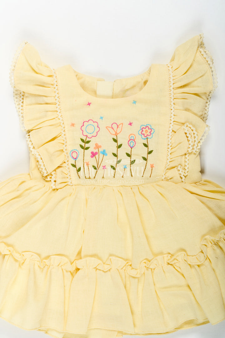 Yellow Frock for Baby Girl with Colorful Floral Embroidery and Ruffled Sleeves in Soft Cotton