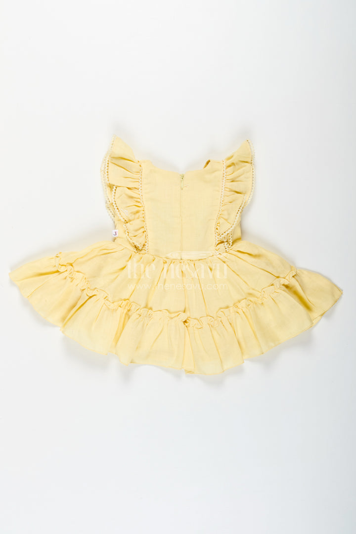 Yellow Frock for Baby Girl with Colorful Floral Embroidery and Ruffled Sleeves in Soft Cotton
